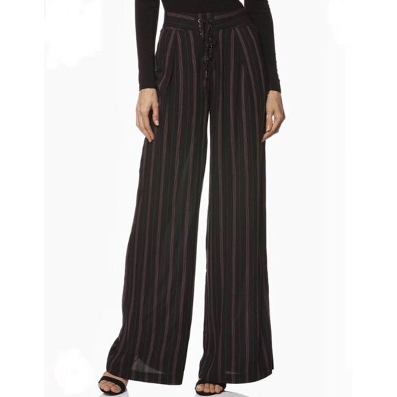 PAIGE Capucine High Waist Wide Leg Lace Up Pants in Black Stripe Women's 2 $218 - Picture 1 of 8